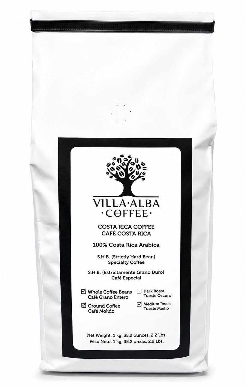 Bolsa real de Villa Alba Coffee 100% Costa Rica Arabica de frente